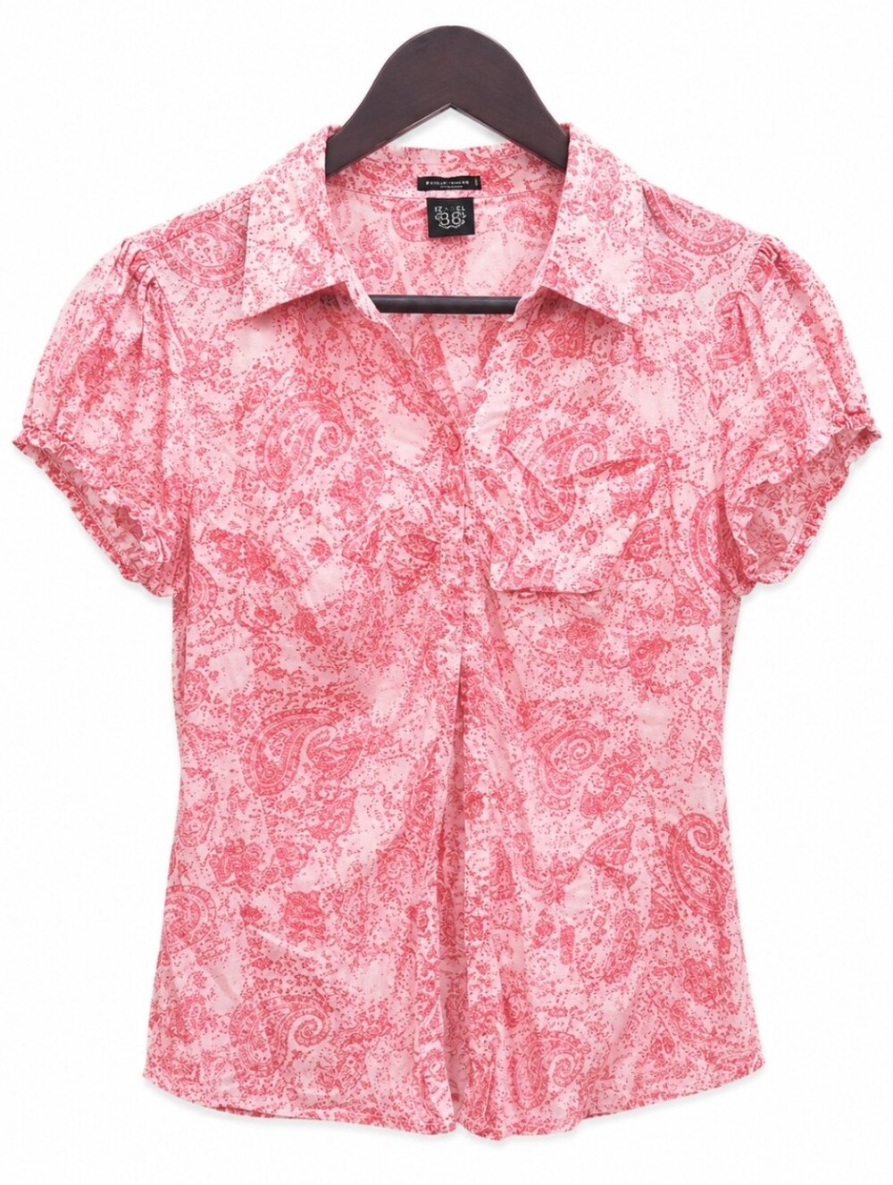 F.A.N.G. Pink Paisley Floral Button Front Puff Sleeve Cotton Blouse Women's SzL